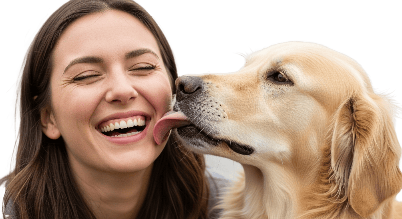 Une femme qui souris et un chien à côté d'elle qui la lèche au visage.