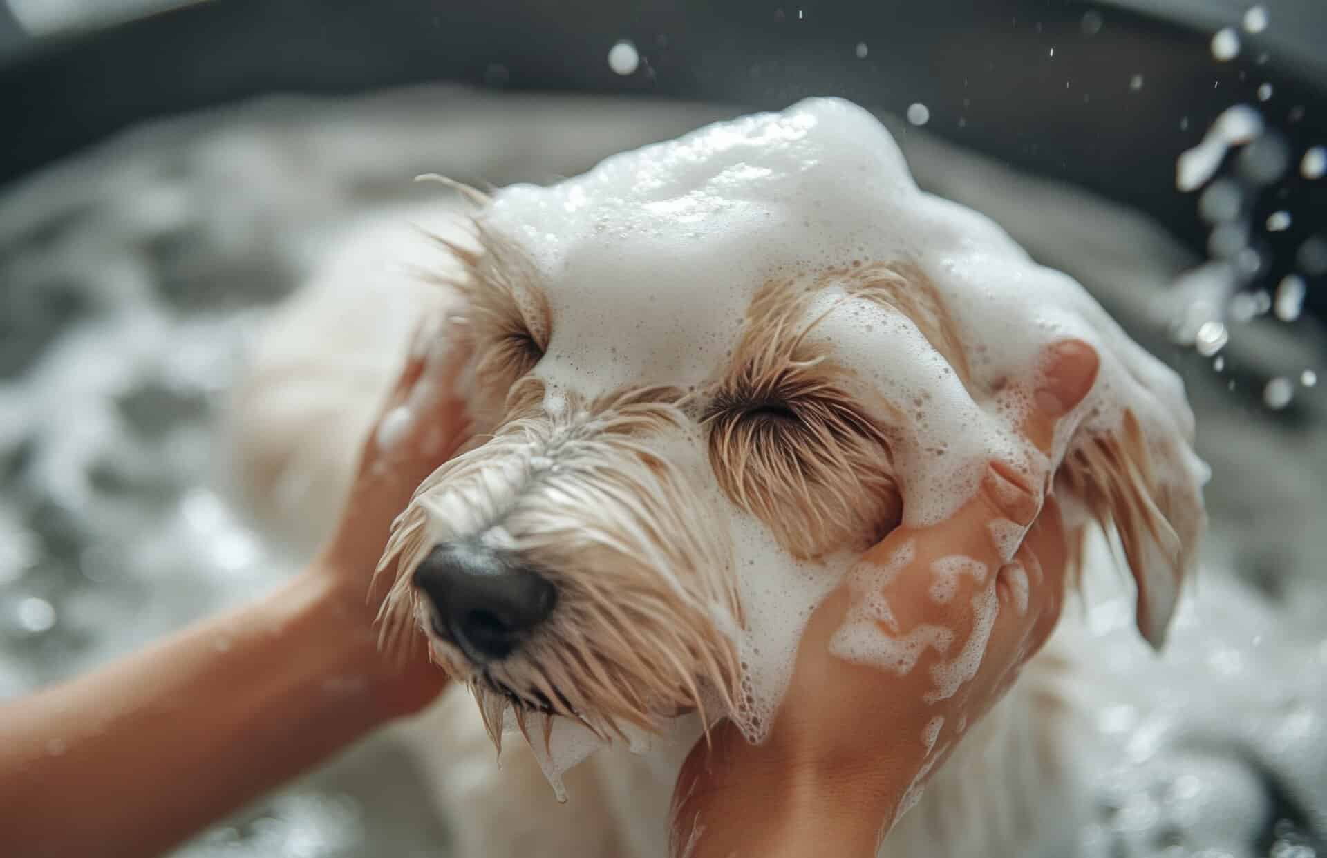 Un chien qui est lavé avec du savon et de l'eau qui semble être calme et comfortable, représentant bien le Salon de toilettage à Québec.